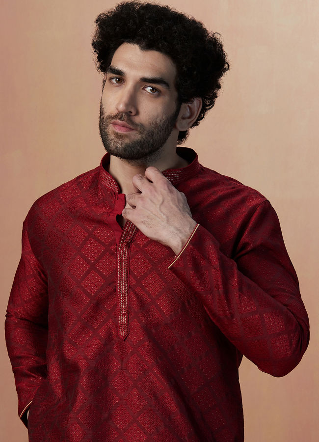 Manyawar Merlot Red Jacquard Kurta Pajama - India shopping