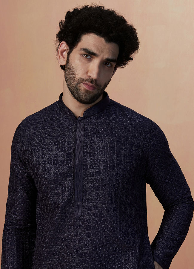 Manyawar Royal Blue Self Embroidered Kurta Pajama - India shopping