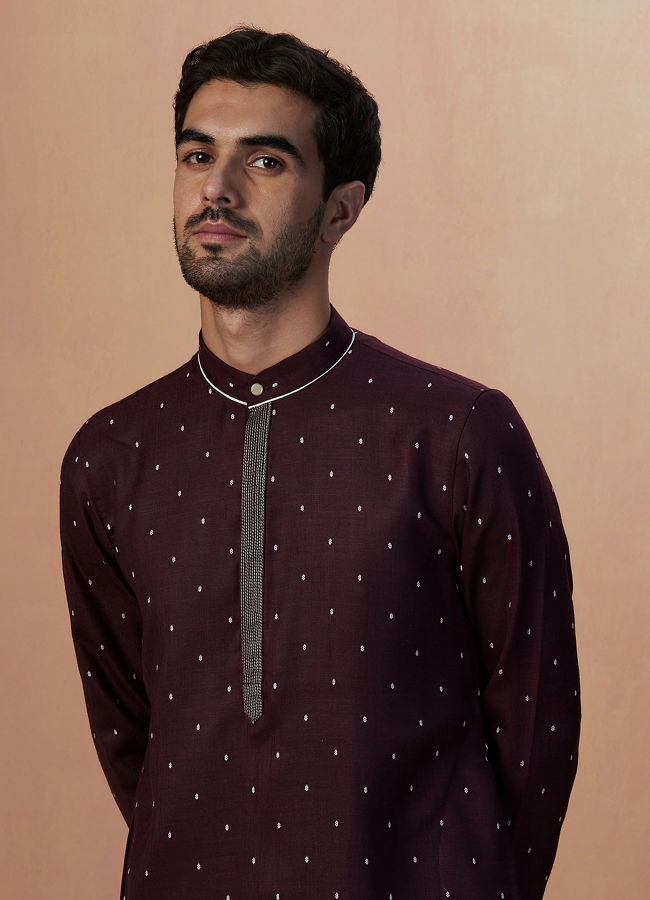 Manyawar Plum Booti Print Kurta Pajama - India shopping