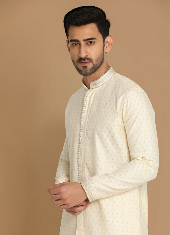 Manyawar Sea Shell White Self Motif Kurta Pajama - India shopping