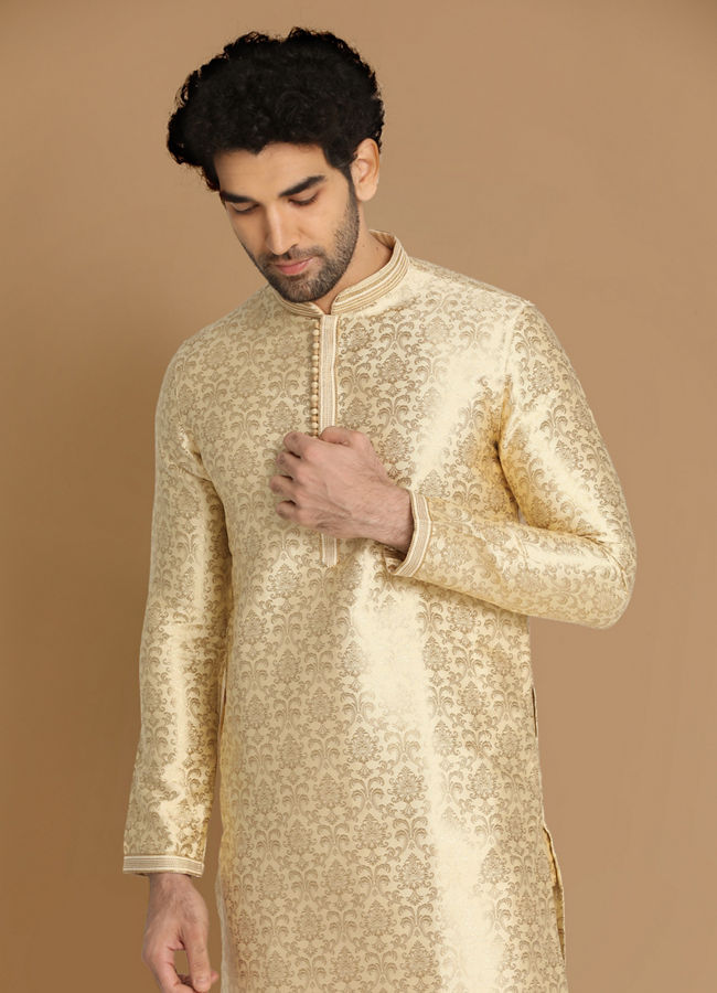 Manyawar Beige Jacquard Kurta Set - India shopping