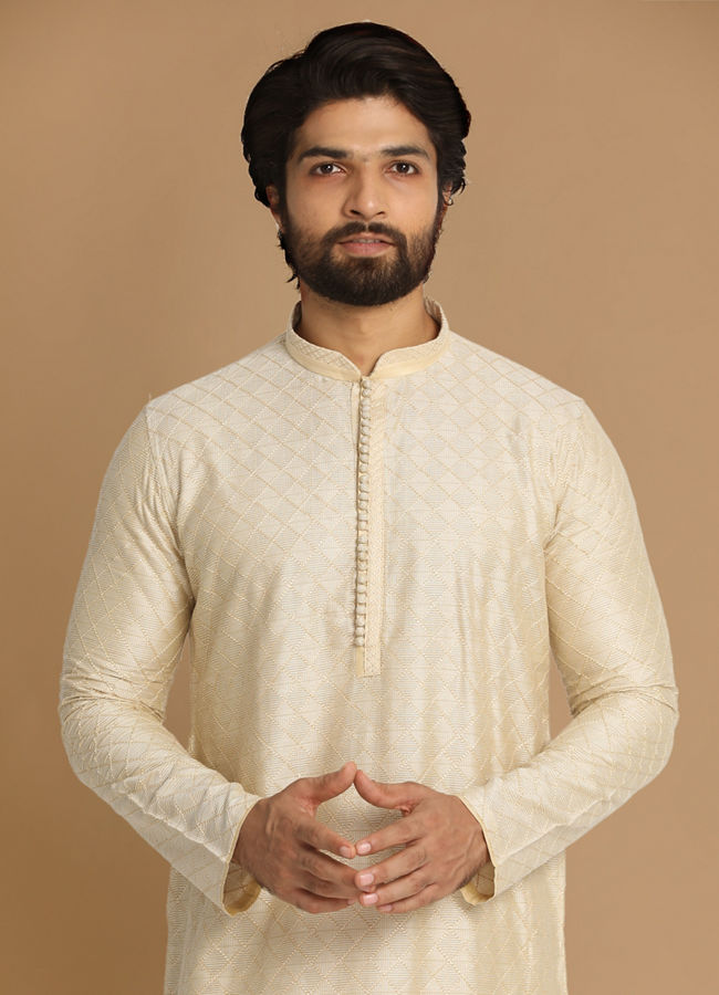 Manyawar Ivory Thread Embroidered Kurta Pajama - India shopping