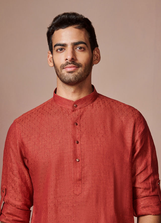 Manyawar Rust Red Self Design Kurta - India shopping