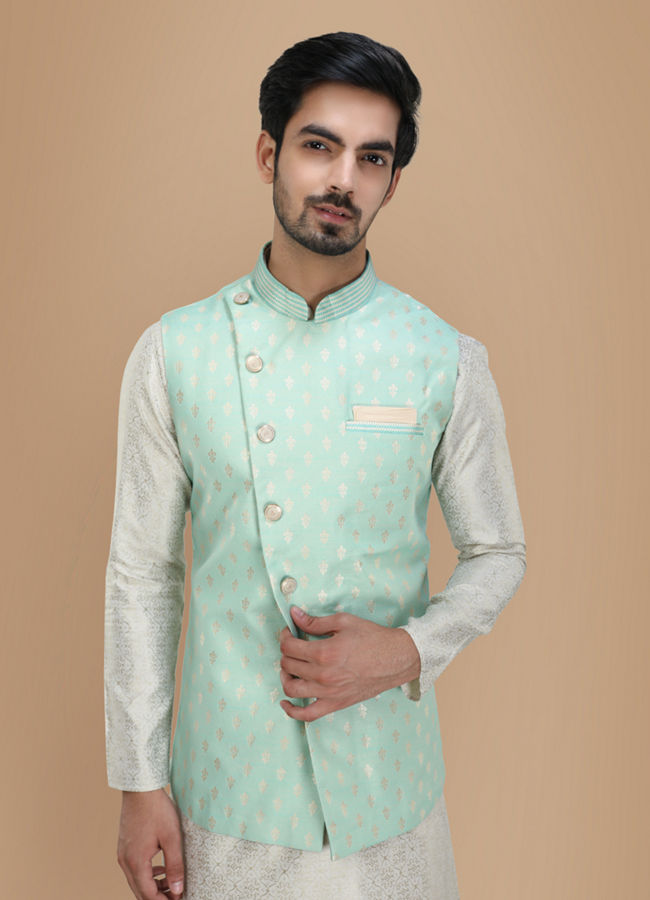 Manyawar Light Blue Kurta Jacket Set - India shopping