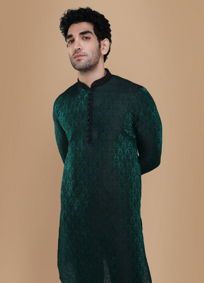 Manyawar Emerald Green Jacquard Kurta Set - India shopping