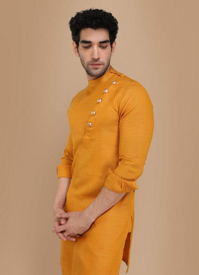 Manyawar Mustard Yellow Asymmetric Kurta - India shopping