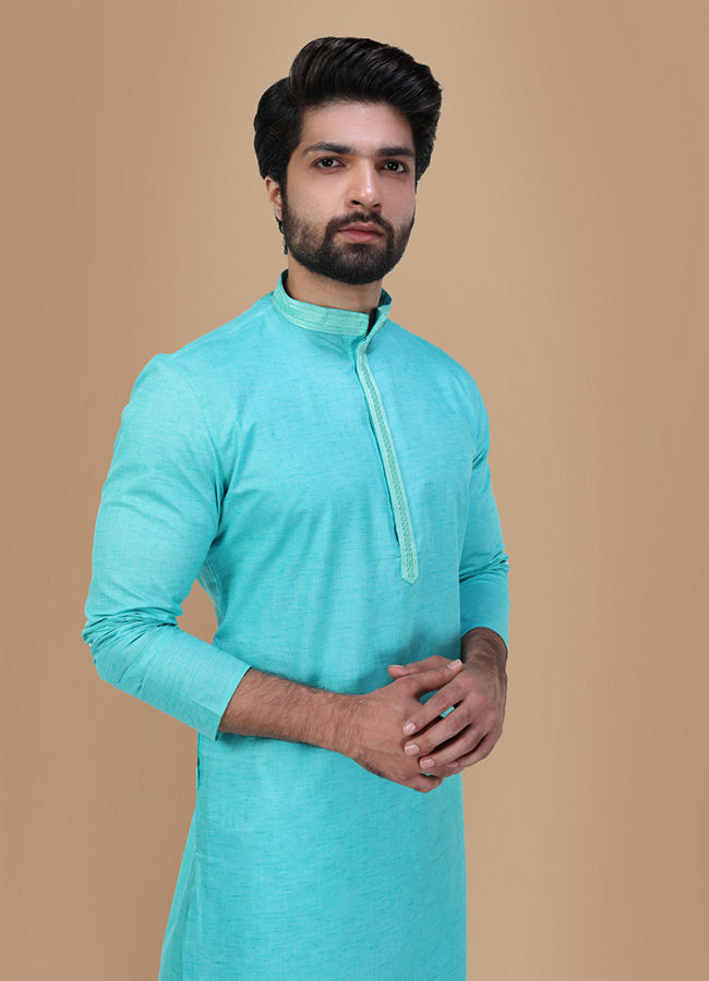 Manyawar Seafoam Green Solid Kurta Set With Neck Detailing - India shopping