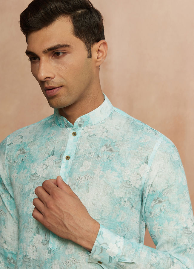Manyawar Aqua Green Floral Print Kurta - India shopping