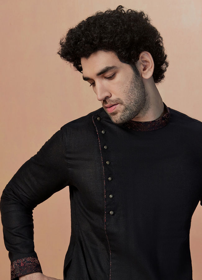 Manyawar Black Side Open Plain Kurta - India shopping