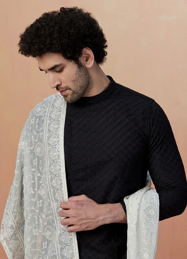 Manyawar Black Chikankari Embroidered Kurta Pajama - India shopping