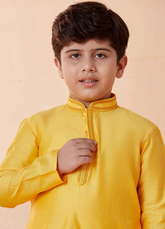 Manyavar Boys Mustard Yellow Solid Kurta Set - India shopping
