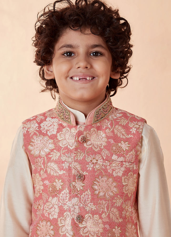 Manyavar Boys Gajaree Floral Design Kurta Jacket Set - India shopping