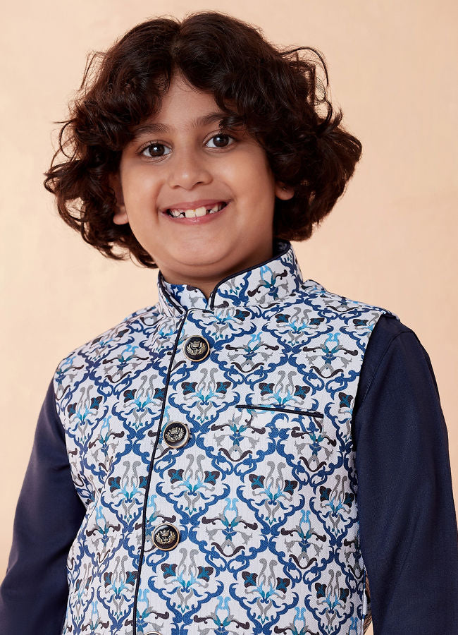 Manyavar Boys Blue And White Kurta Jacket Set - India shopping