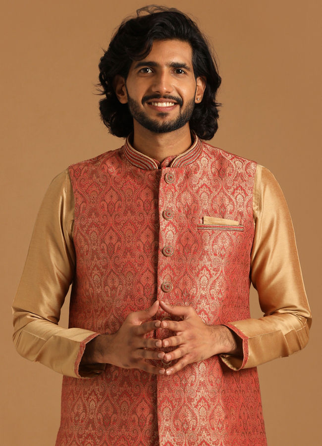 Manyawar Rust And Gold Kurta Jacket Set - India shopping