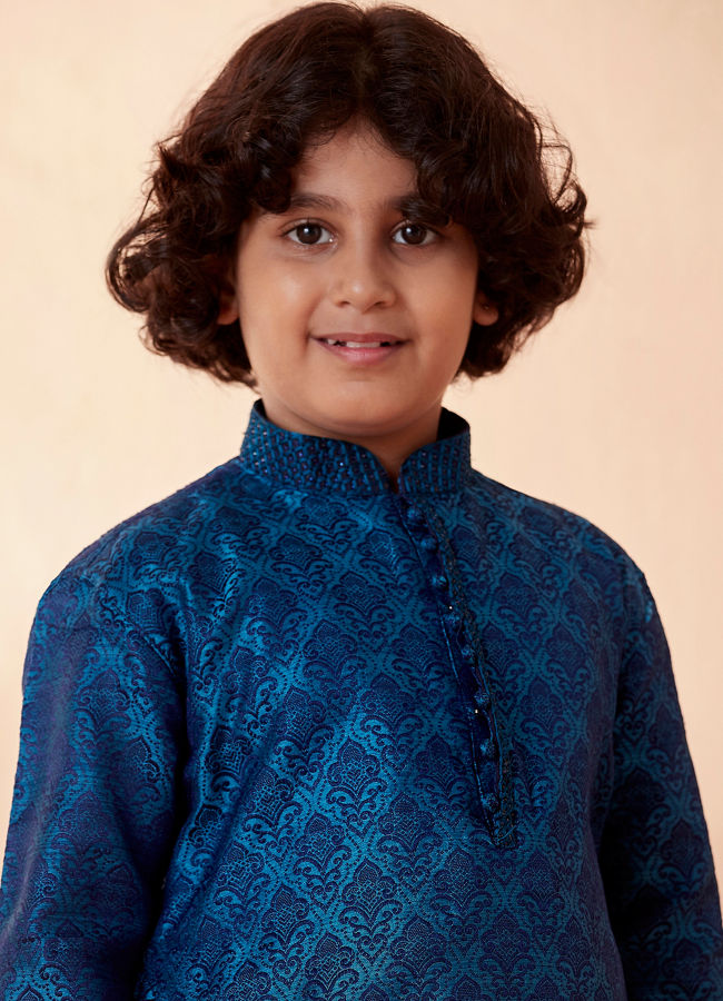 Manyavar Boys Blue Embroidered Kurta Set - India shopping