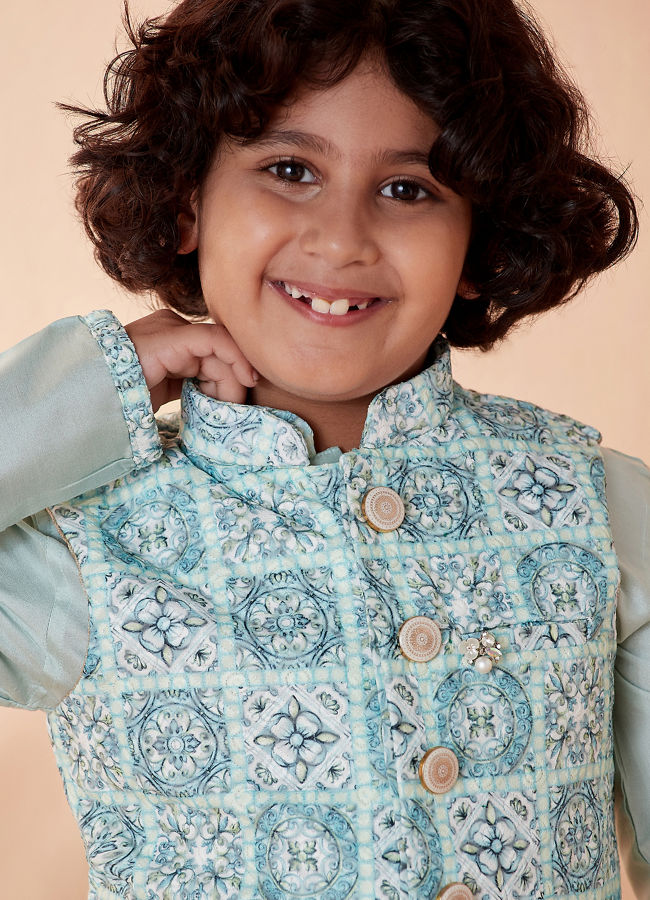 Manyavar Boys Sea Green Chikan Kurta Jacket Set - India shopping