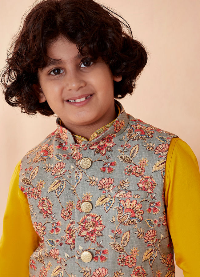 Manyavar Boys Grey And Yellow Kurta Jacket Set - India shopping