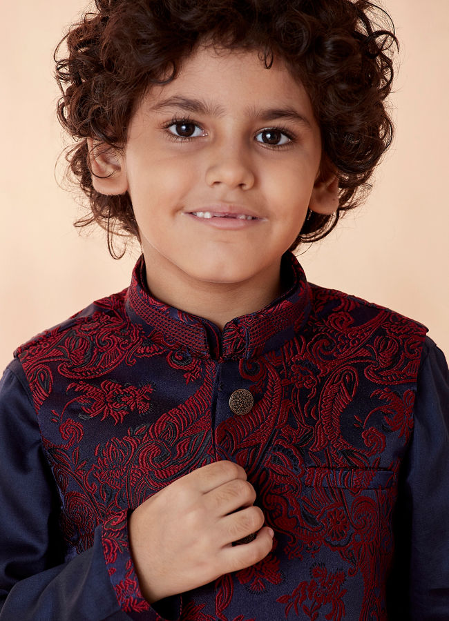 Manyavar Boys Wine And Navy Blue Kurta Jacket Set - India shopping