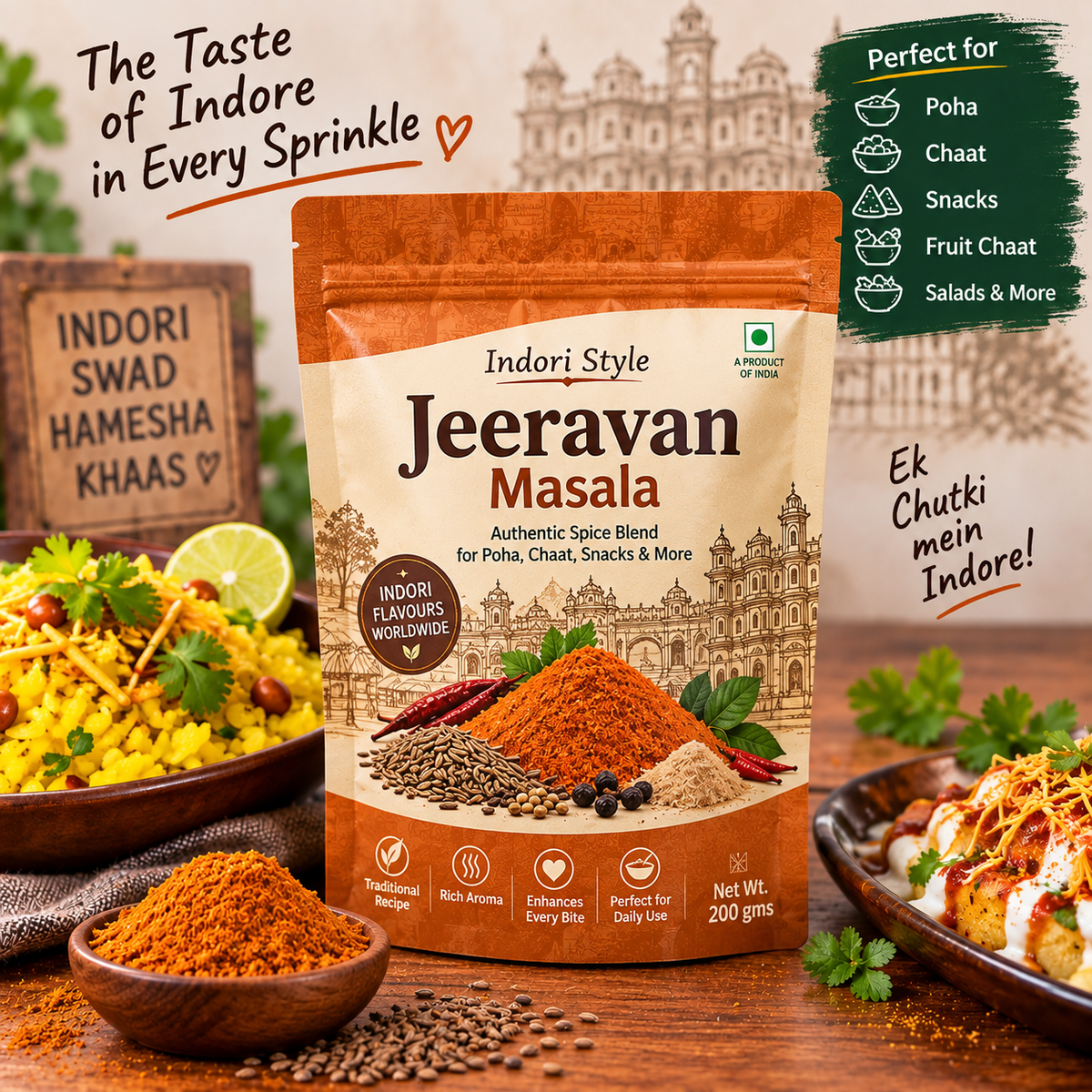 Indori Jeeravan Masala 200 gms pouch – authentic poha and chaat seasoning spice from India