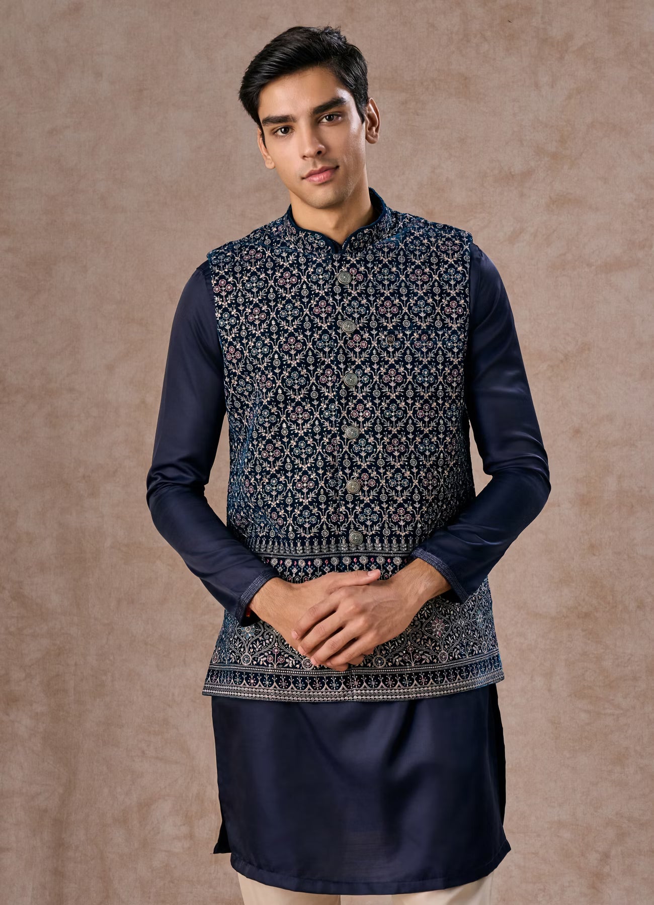 Manyavar Elegant Teal Blue Velvet Nehru Jacket | Ready To Wear