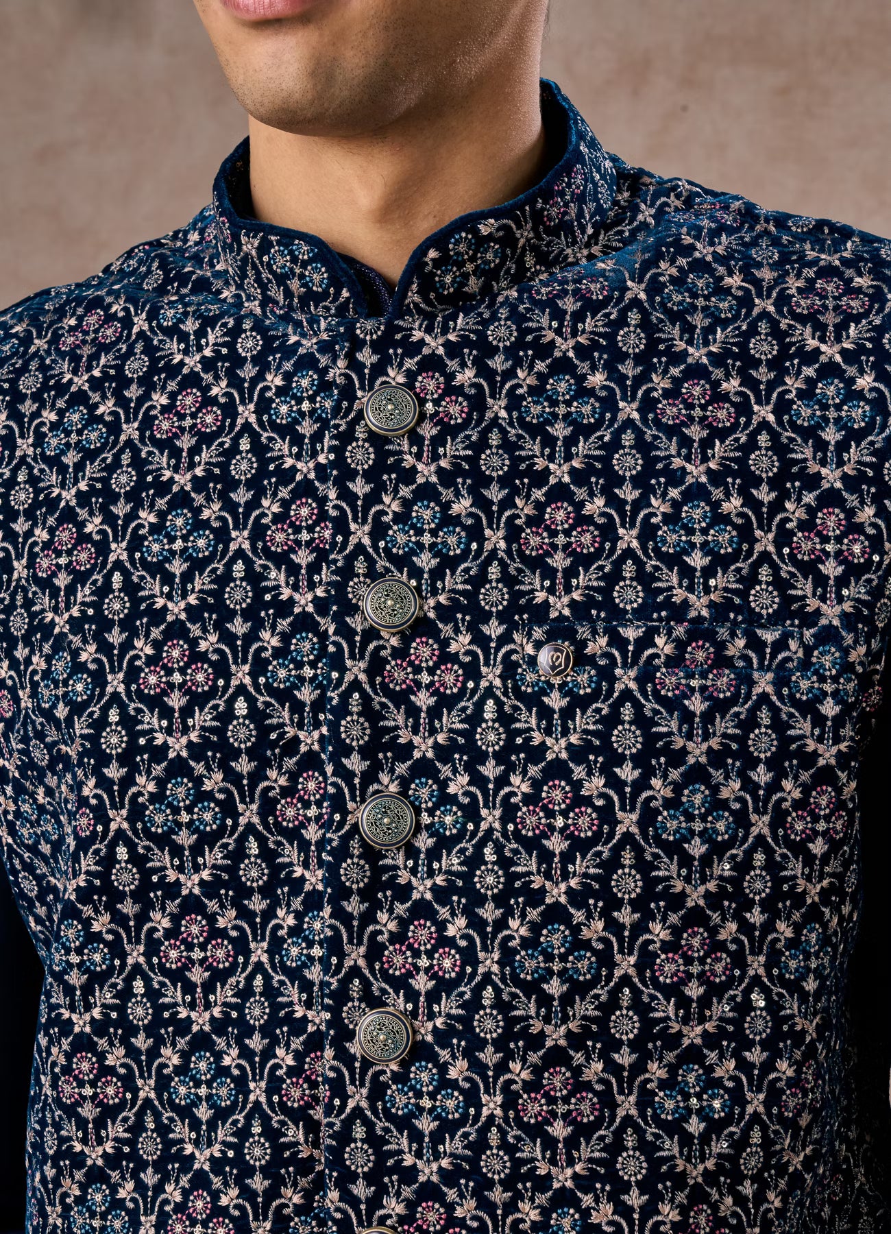 Manyavar Elegant Teal Blue Velvet Nehru Jacket | Ready To Wear