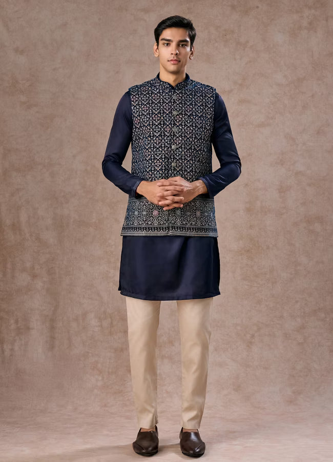 Manyavar Elegant Teal Blue Velvet Nehru Jacket | Ready To Wear