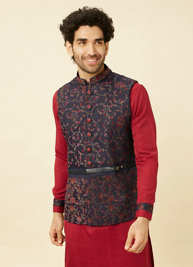 Manyawar Deep Blue-Aurora Red Bel Buti Patterned Kurta Jacket Set - India shopping