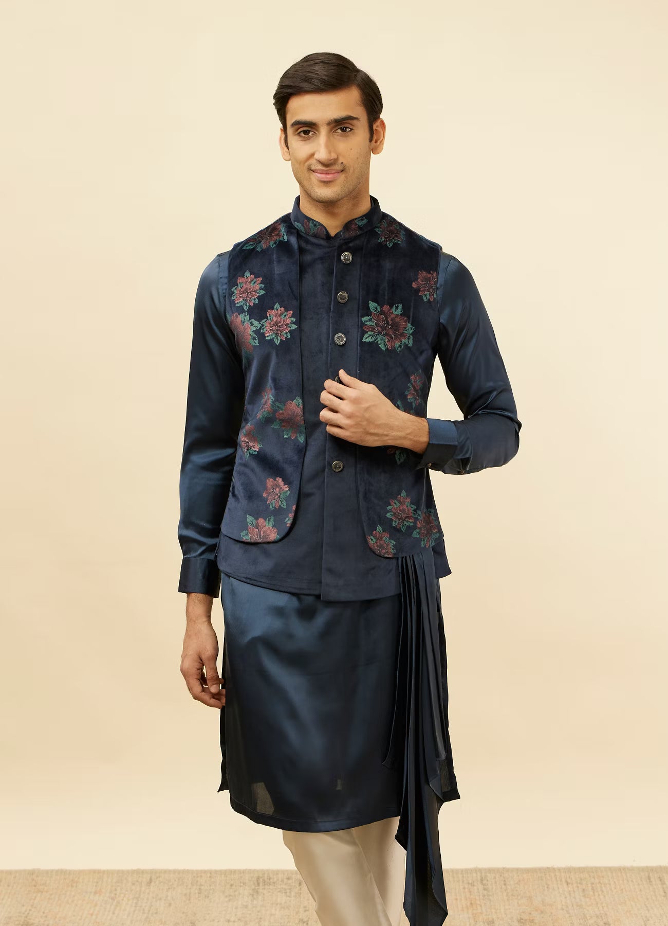 Manyavar Midnight Blue Floral Print Drape Kurta Jacket Set | Ready To Wear