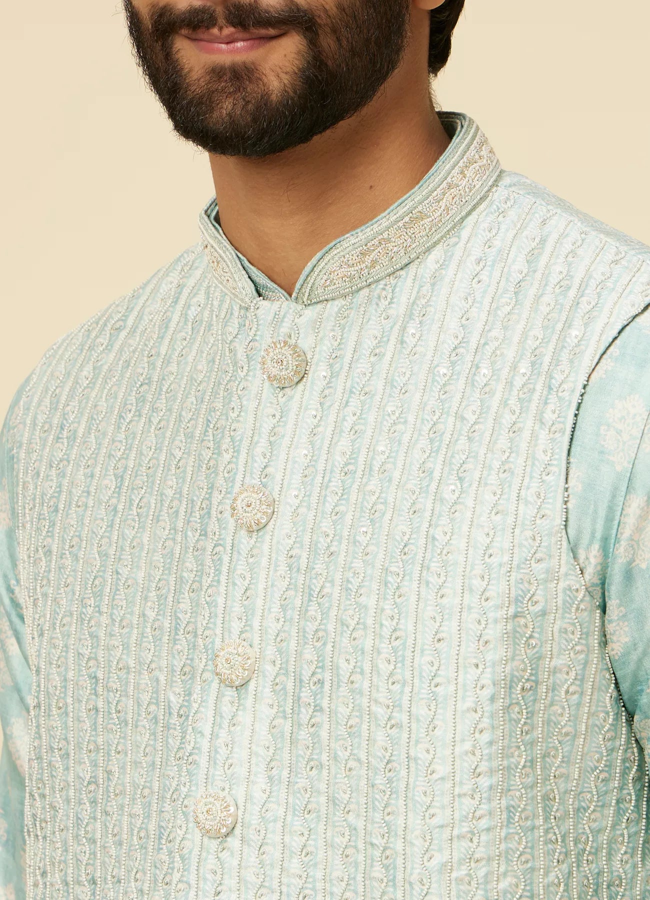 Manyavar Aqua Green Buta Patterned Jacket Set | Ready To Wear