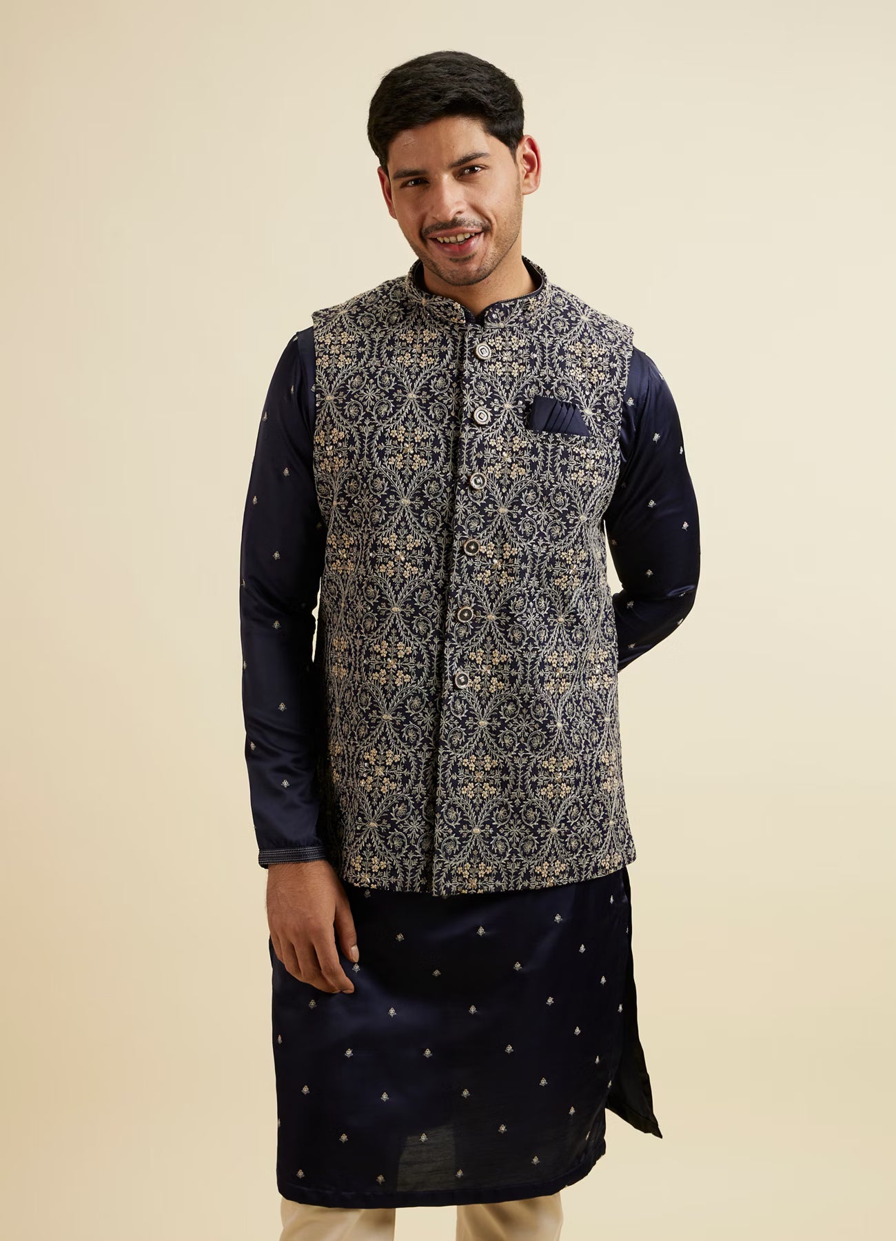 Manyavar Dark Blue Buta Patterned Jacket Set | Ready To Wear