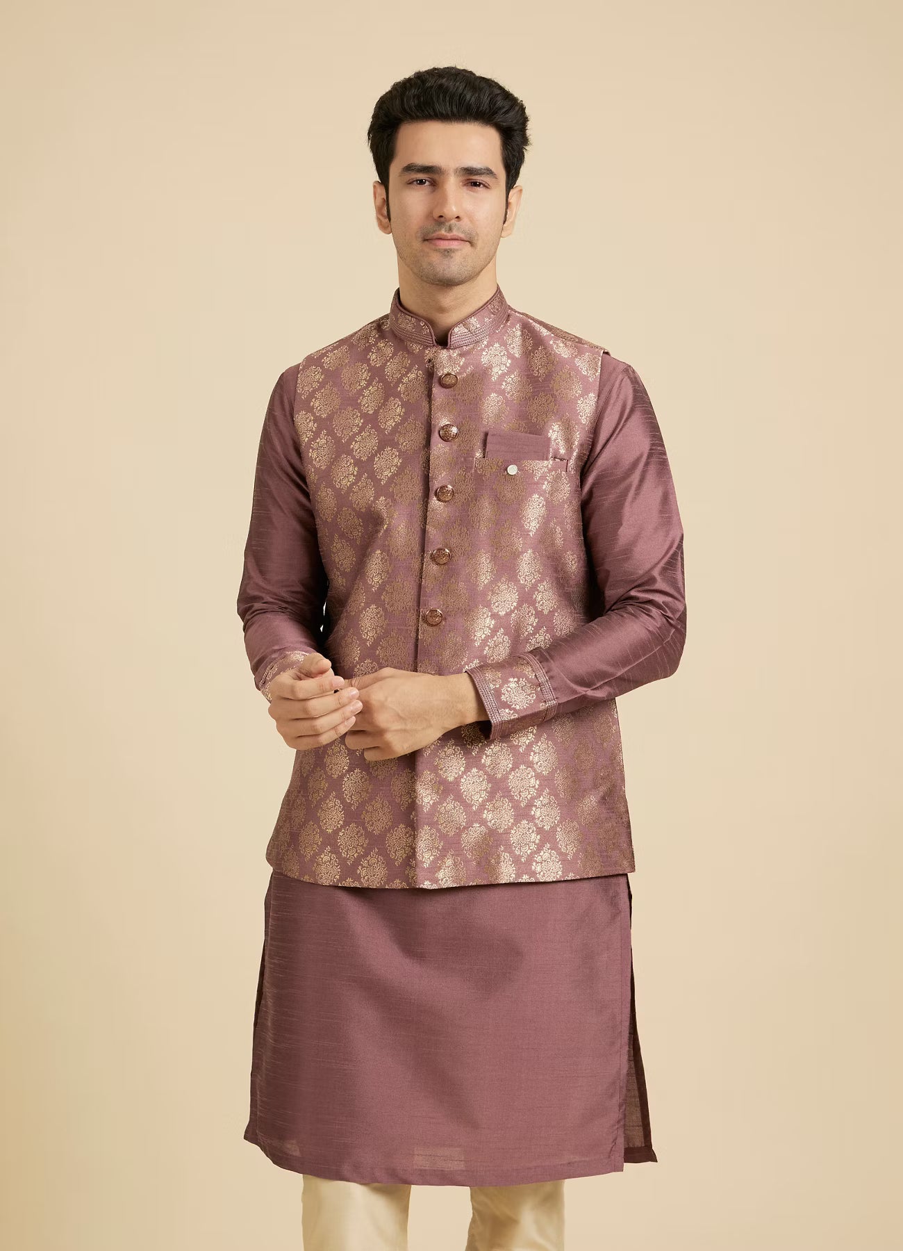 Manyavar Dark Purple Jaal Patterned Jacket Set | Ready To Wear