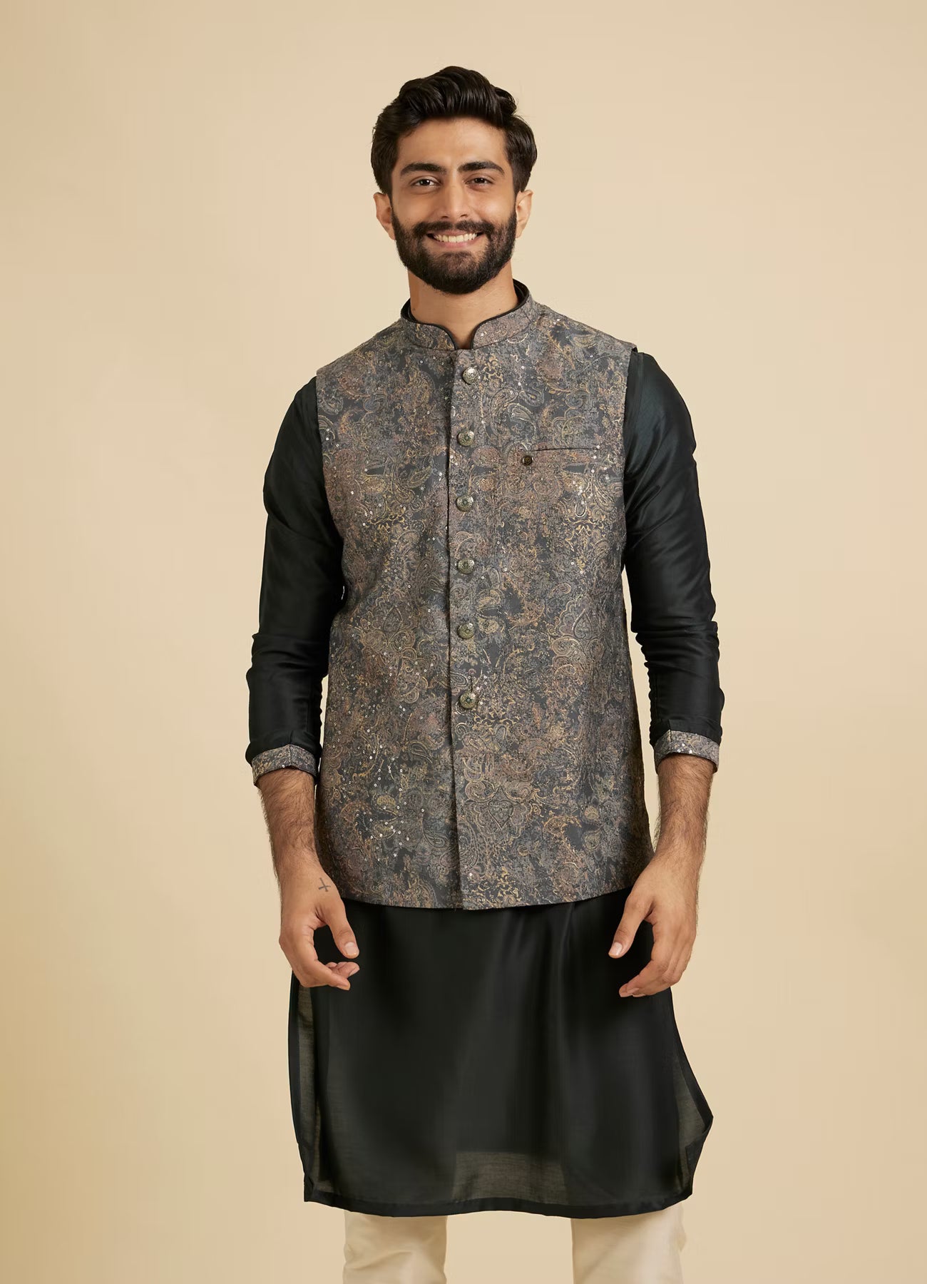 Manyavar Bottle Green Floral And Paisley Patterned Jacket Set | Ready To Wear