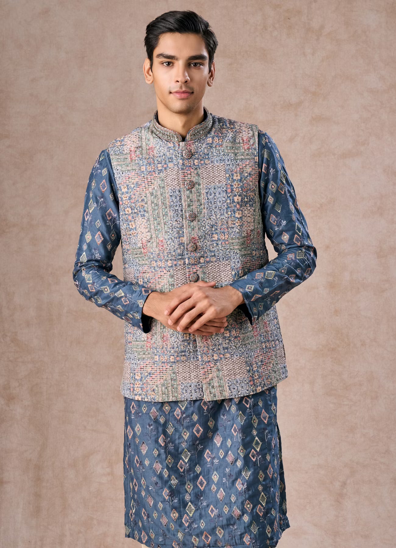 Manyavar Greyish Blue Kurta Jacket Set | Ready To Wear