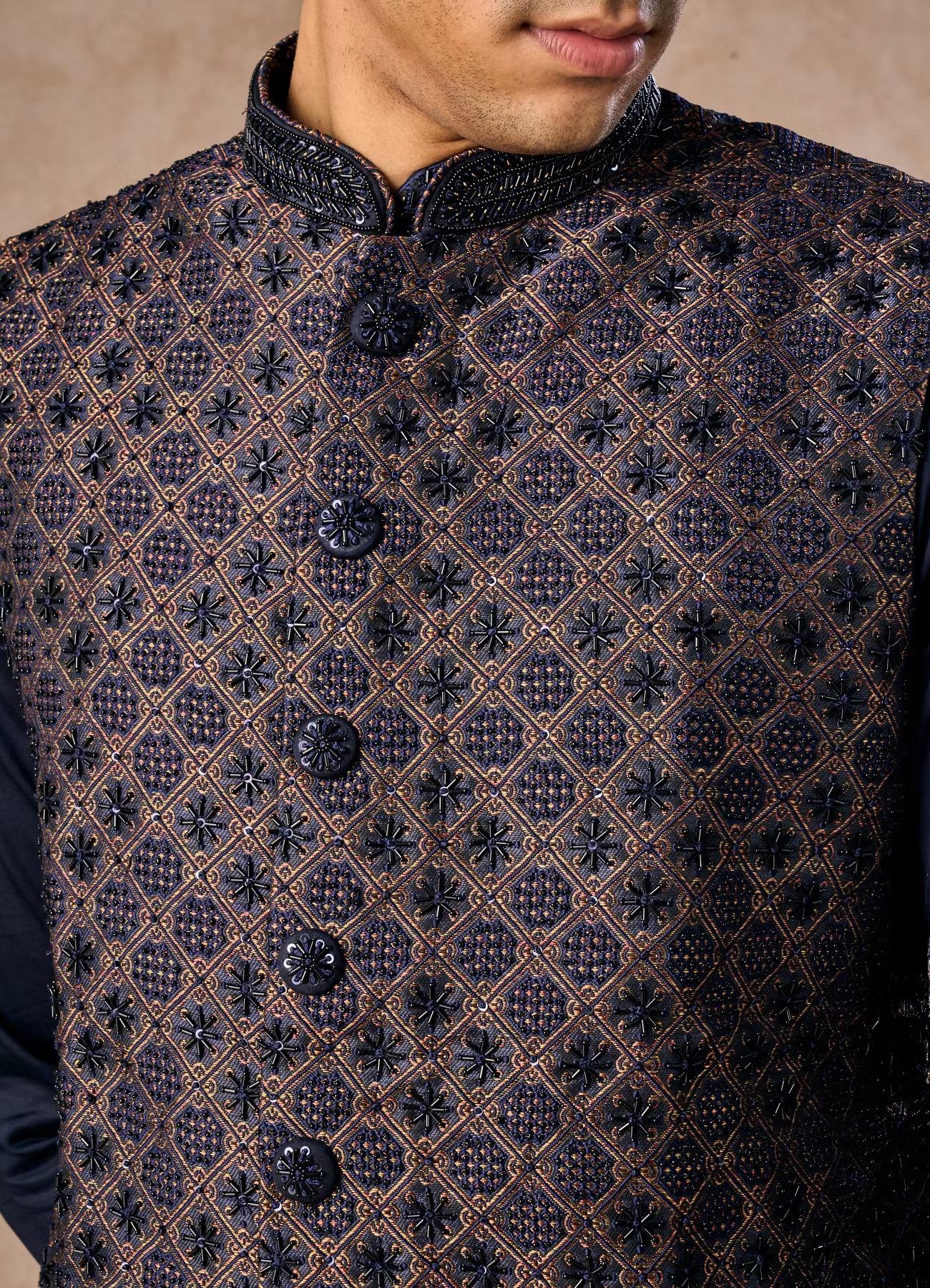 Manyavar Dark Blue Radiance Kurta Jacket Set | Ready To Wear