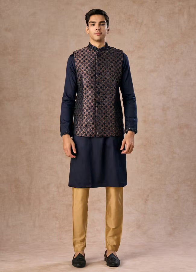 Manyavar Dark Blue Radiance Kurta Jacket Set | Ready To Wear