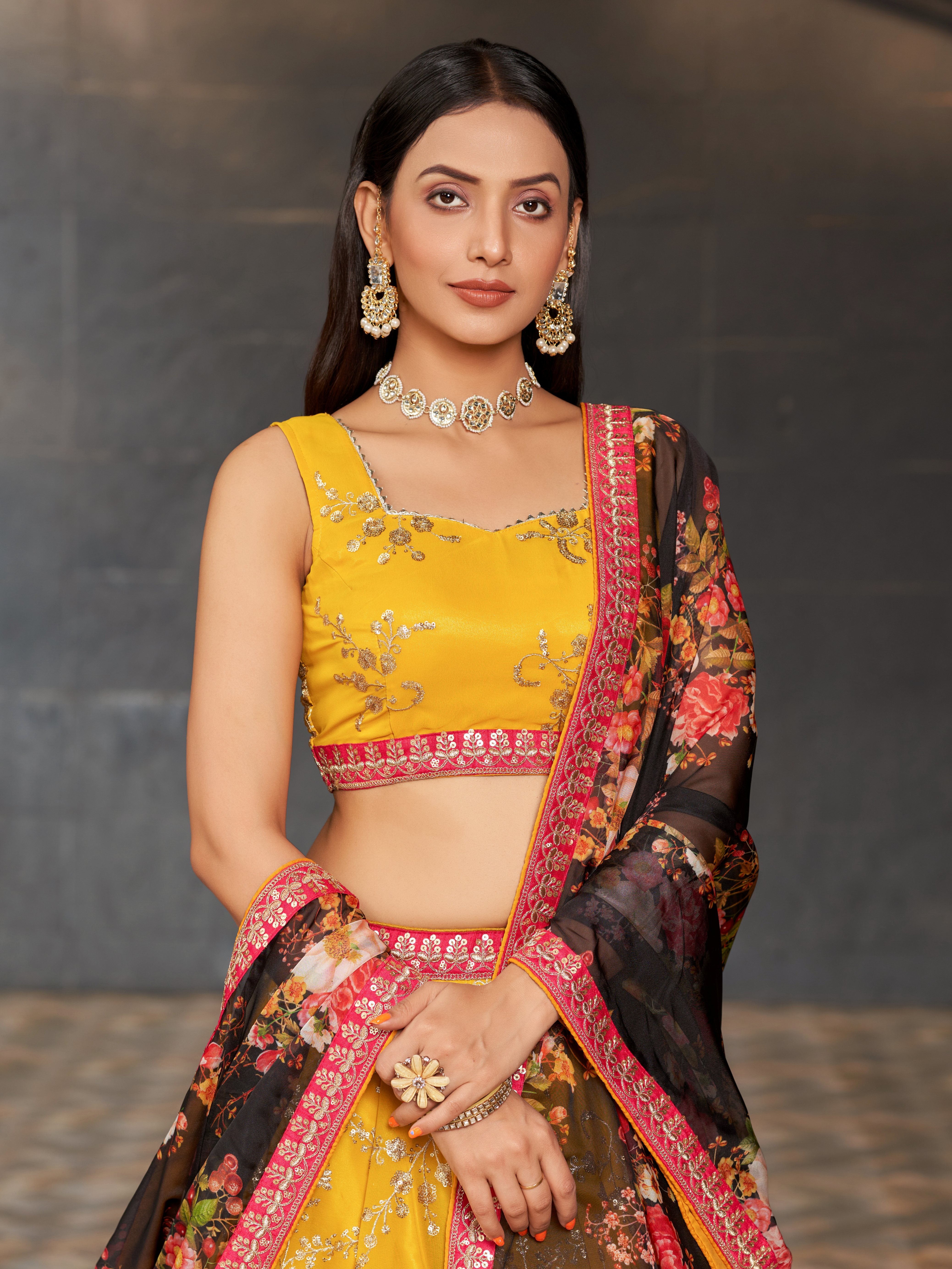 Ready To Wear | Women's Yellow Georgette Zari & Heavy Sequin Embroidery Lehenga Choli & Dupatta