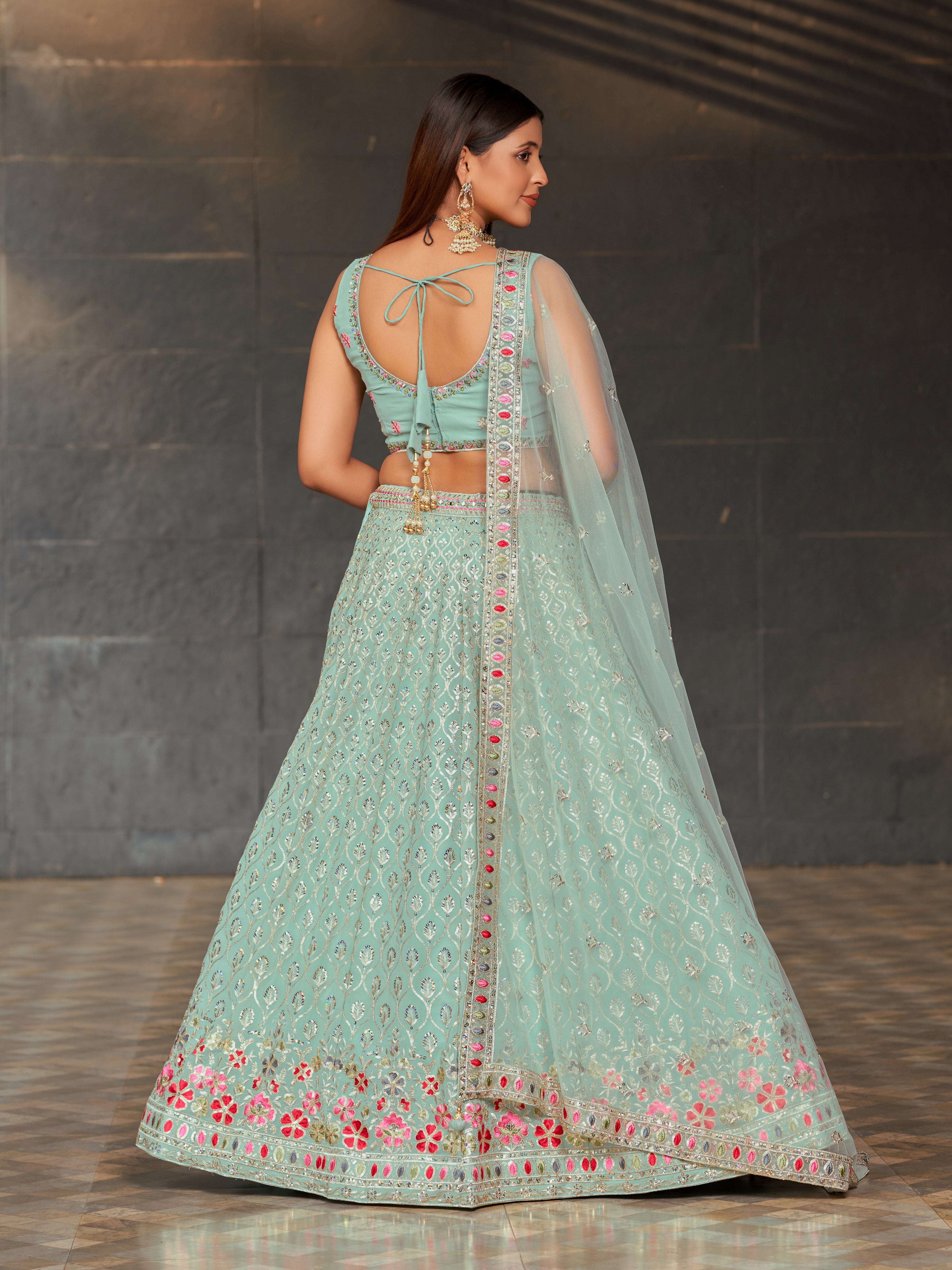Ready To Wear | Women's Sky Blue Georgette Zari & Heavy Sequin Embroidery Lehenga Choli & Dupatta