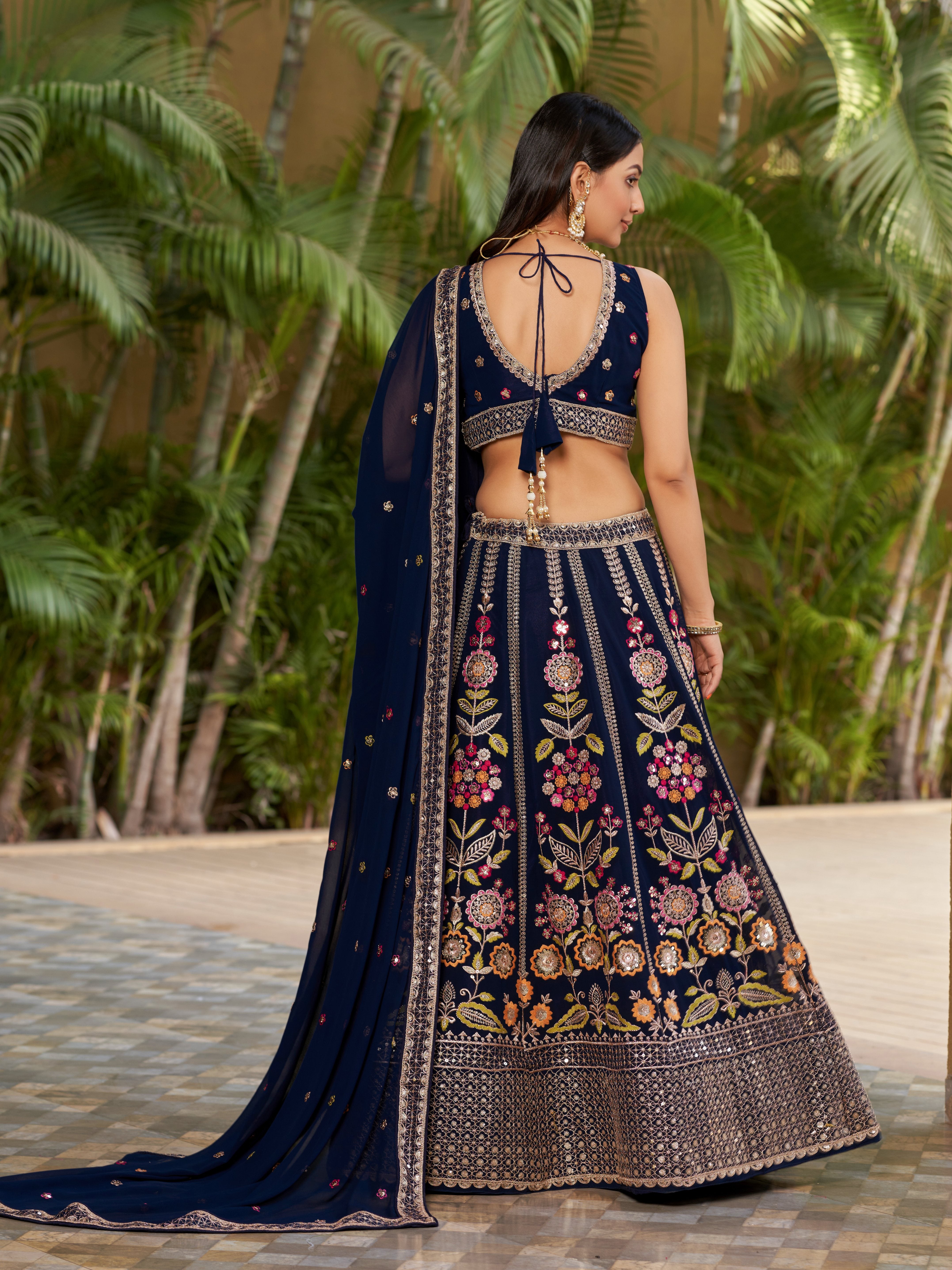 Ready To Wear | Women's Navy Blue Georgette Zari & Heavy Sequin Embroidery Lehenga Choli & Dupatta