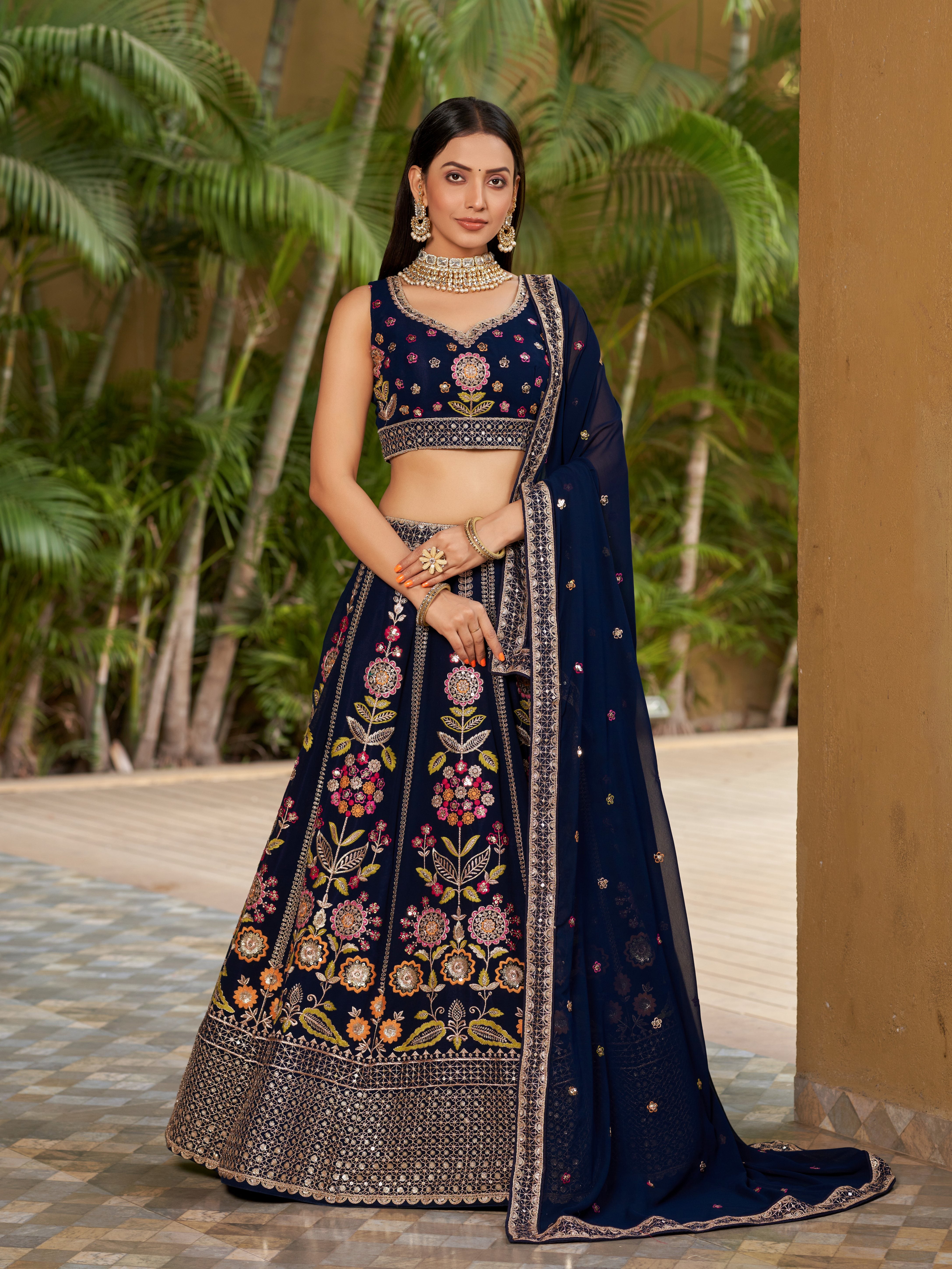 Ready To Wear | Women's Navy Blue Georgette Zari & Heavy Sequin Embroidery Lehenga Choli & Dupatta