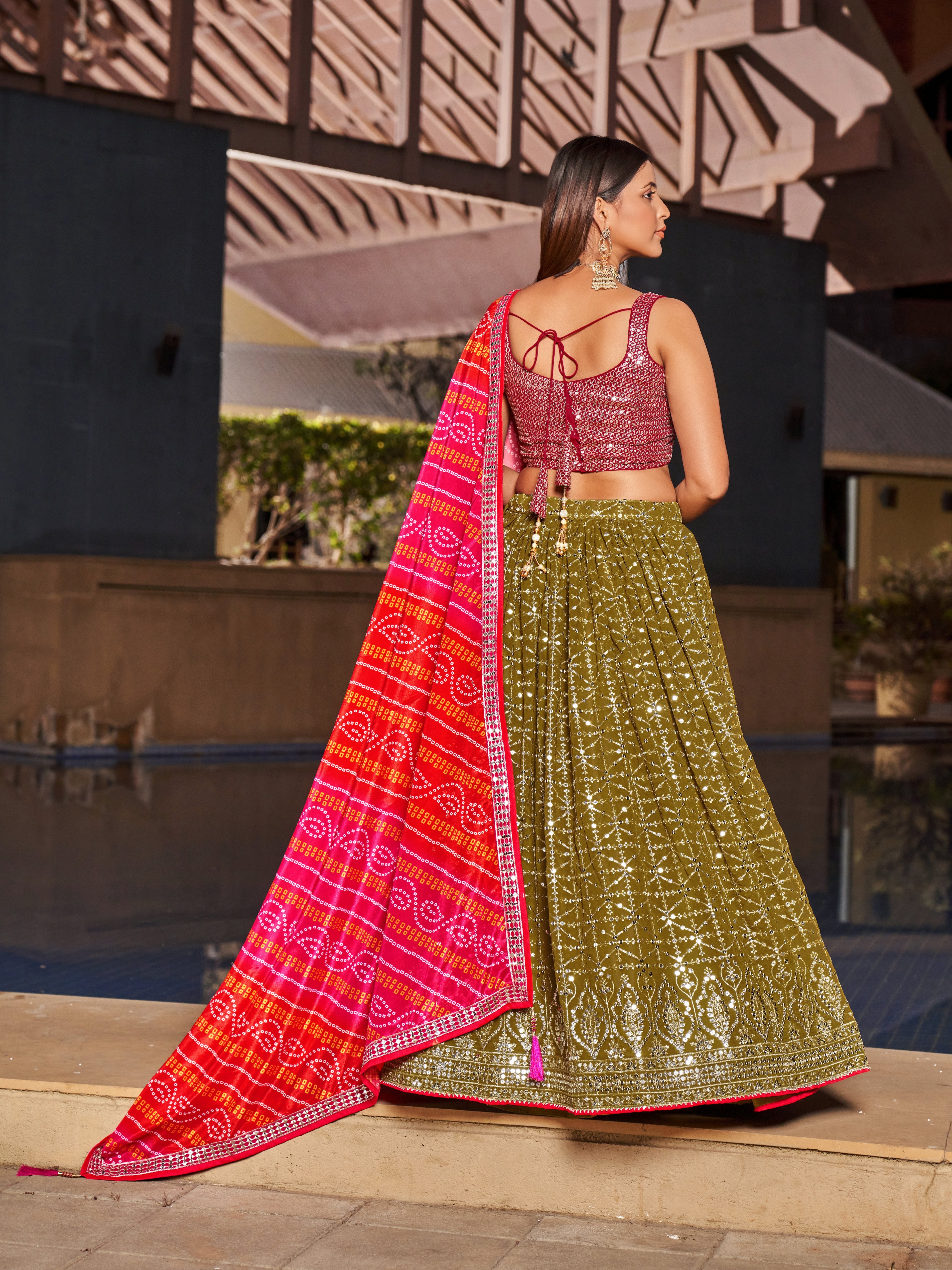 Ready To Wear | Women's Olive Georgette Zari & Heavy Sequin Embroidery Lehenga Choli & Dupatta
