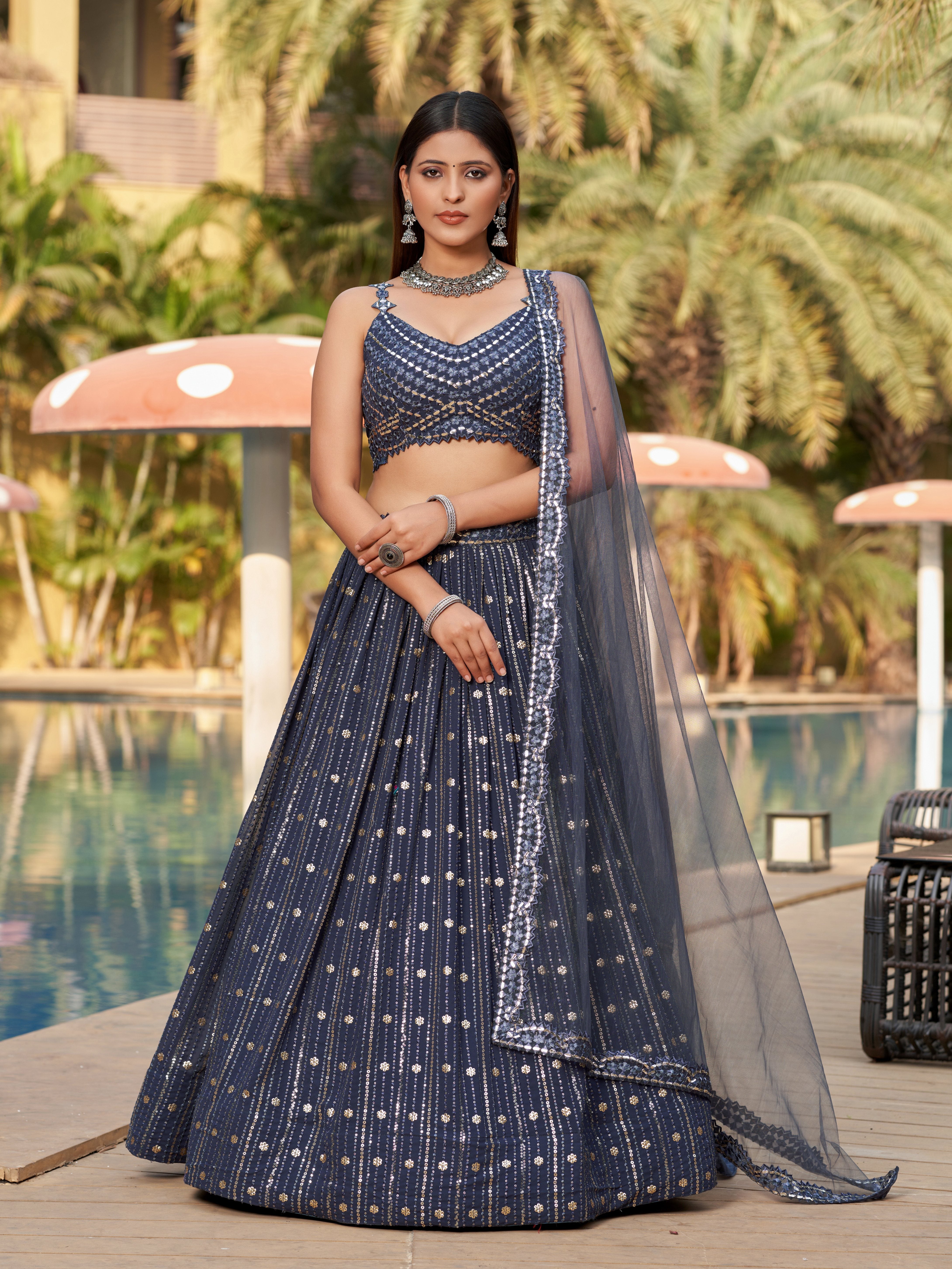 Ready To Wear | Women's Grey Georgette Zari & Heavy Sequin Embroidery Lehenga Choli & Dupatta