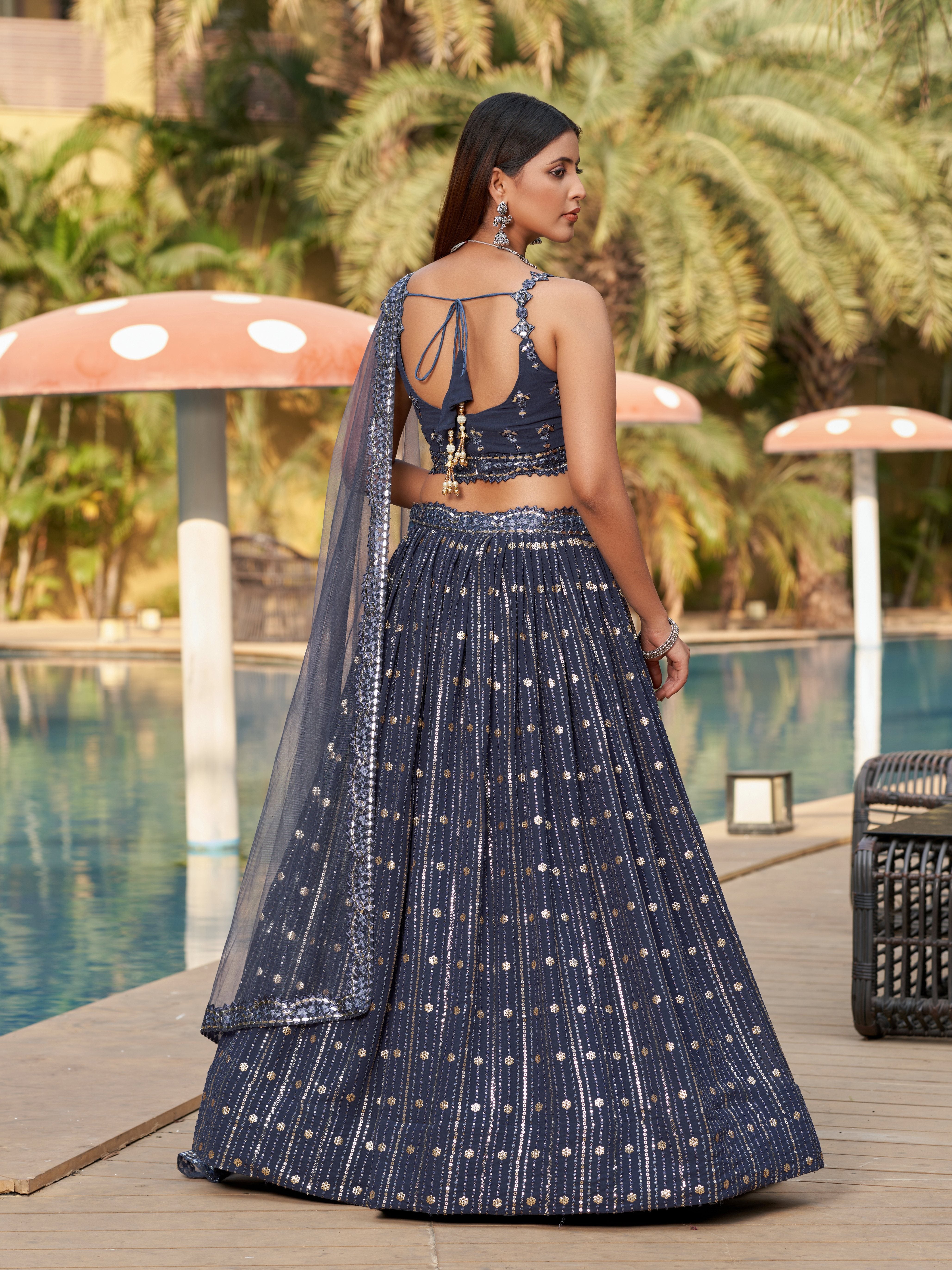 Ready To Wear | Women's Grey Georgette Zari & Heavy Sequin Embroidery Lehenga Choli & Dupatta