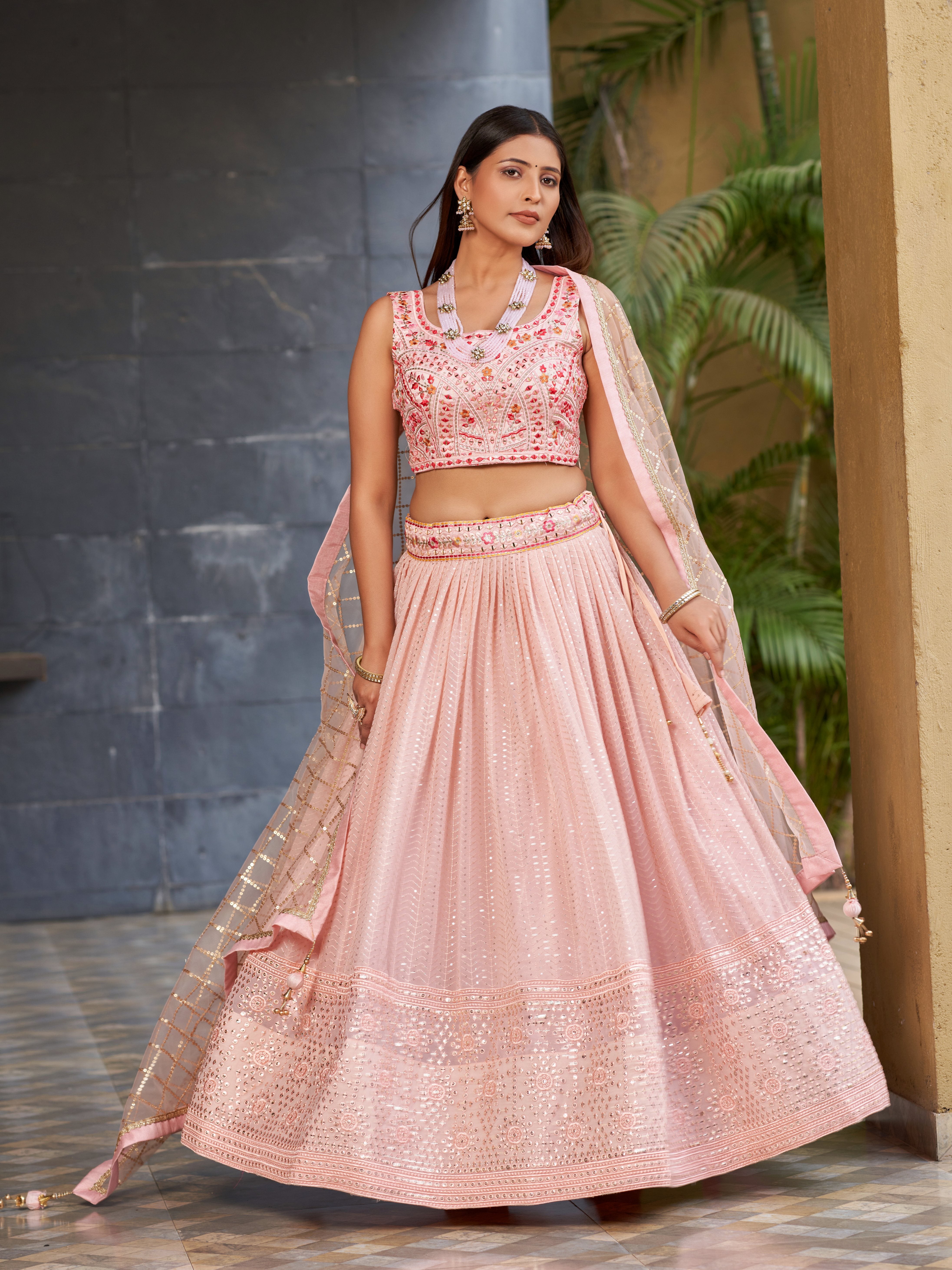 Ready To Wear | Women's Pink Georgette Zari & Heavy Sequin Embroidery Lehenga Choli & Dupatta