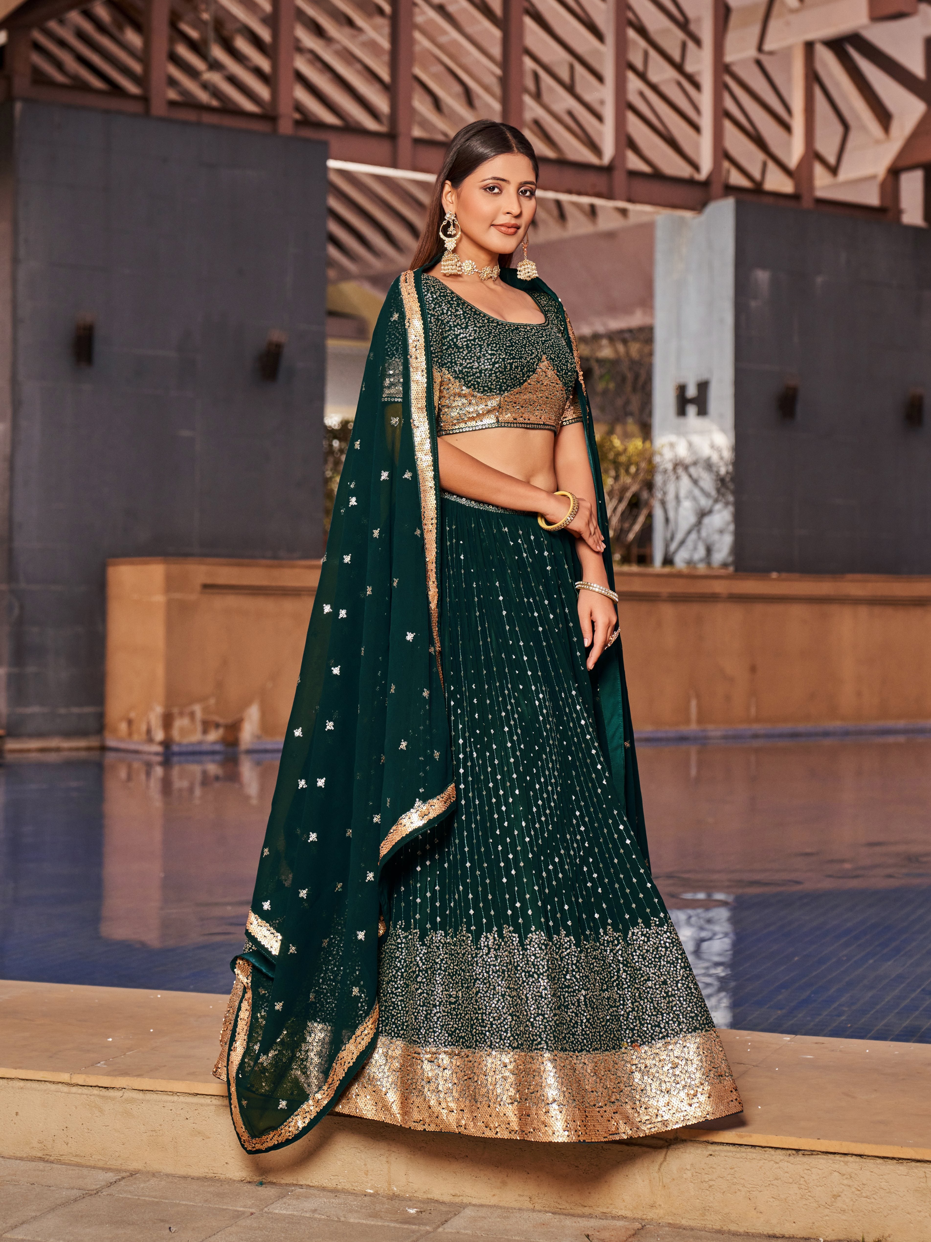 Ready To Wear | Women's Green Georgette Zari & Heavy Sequin Embroidery Lehenga Choli & Dupatta