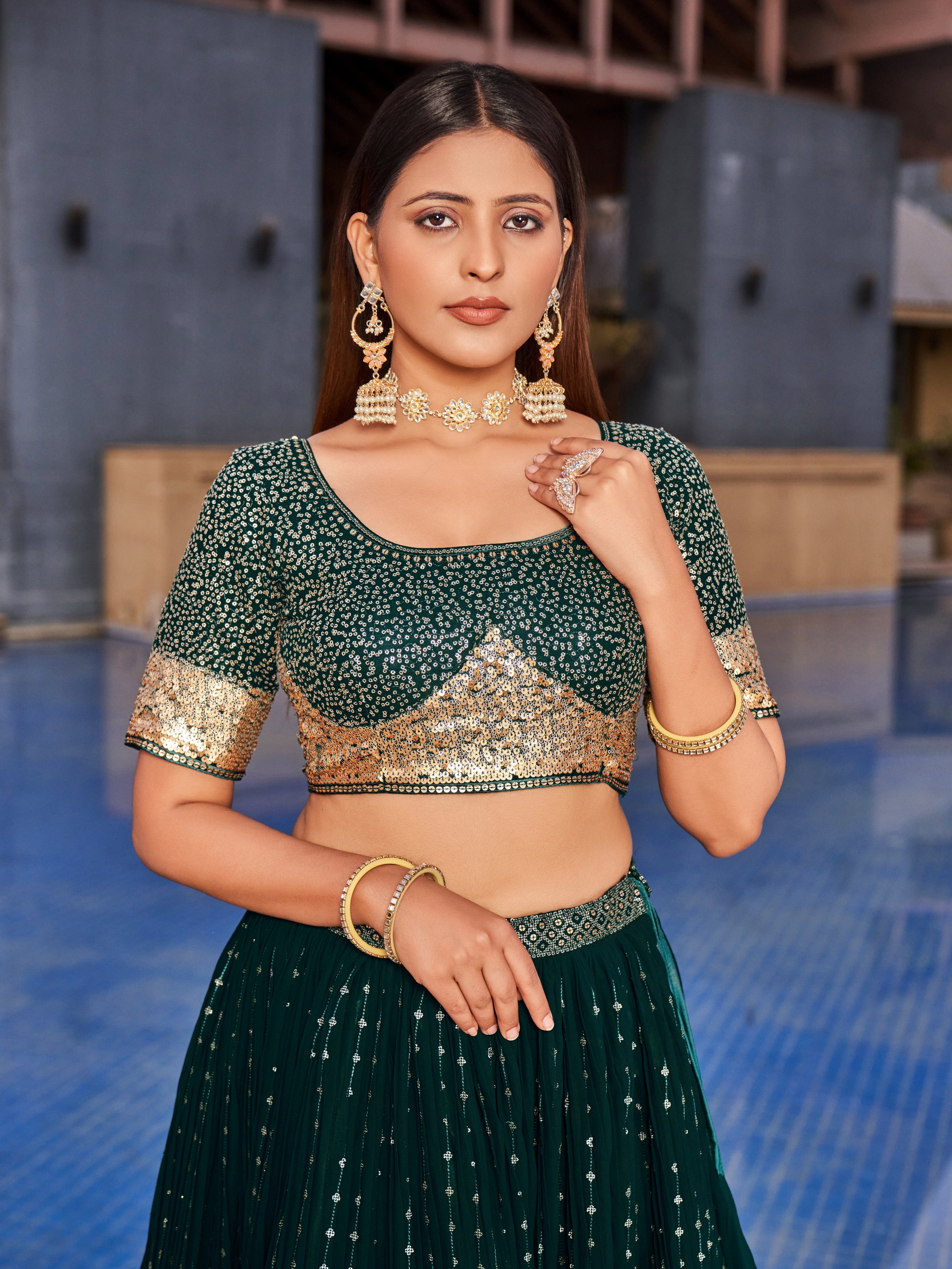 Ready To Wear | Women's Green Georgette Zari & Heavy Sequin Embroidery Lehenga Choli & Dupatta
