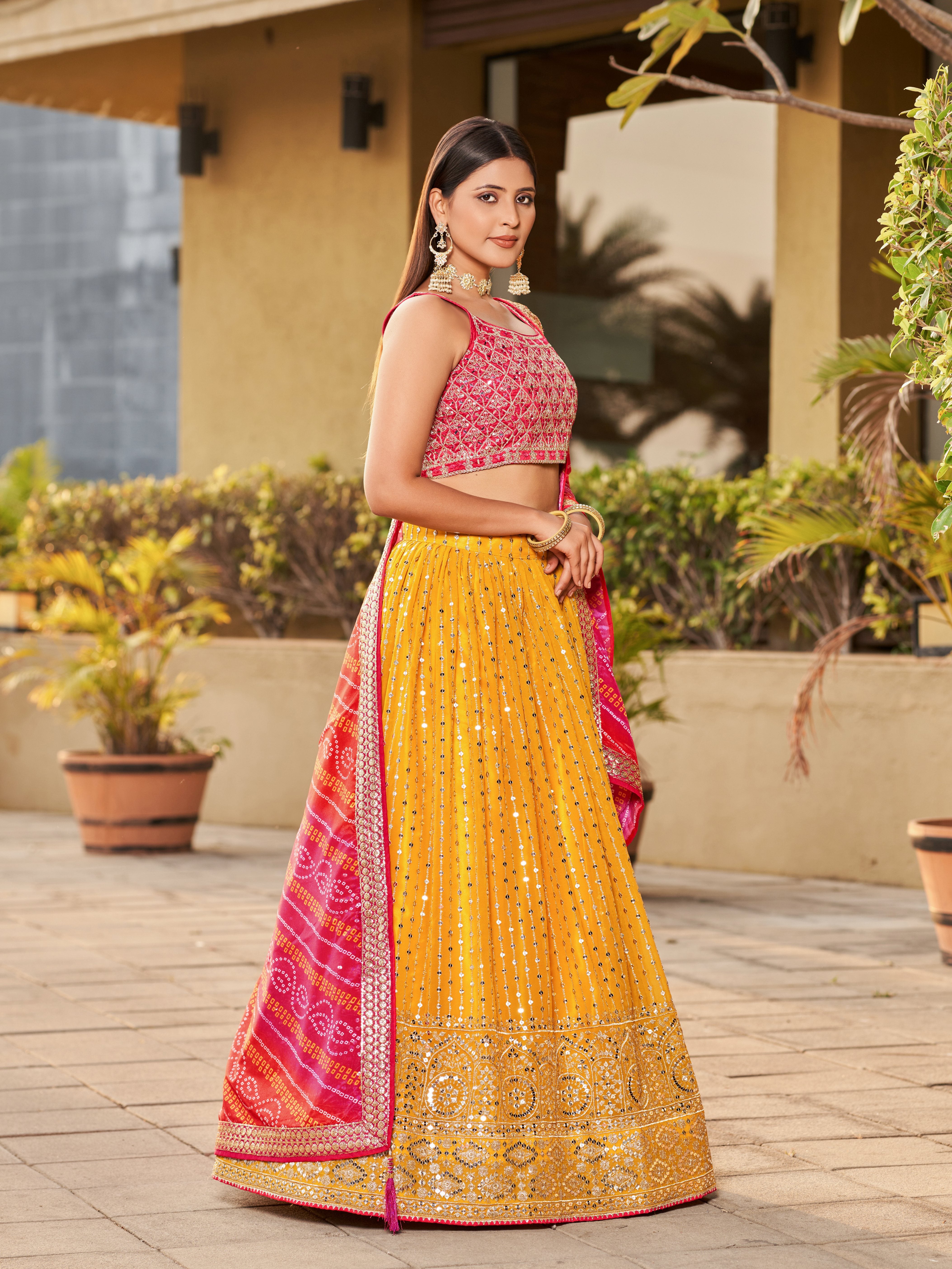 Ready To Wear | Women's Yellow Georgette Zari & Heavy Sequin Embroidery Lehenga Choli & Dupatta
