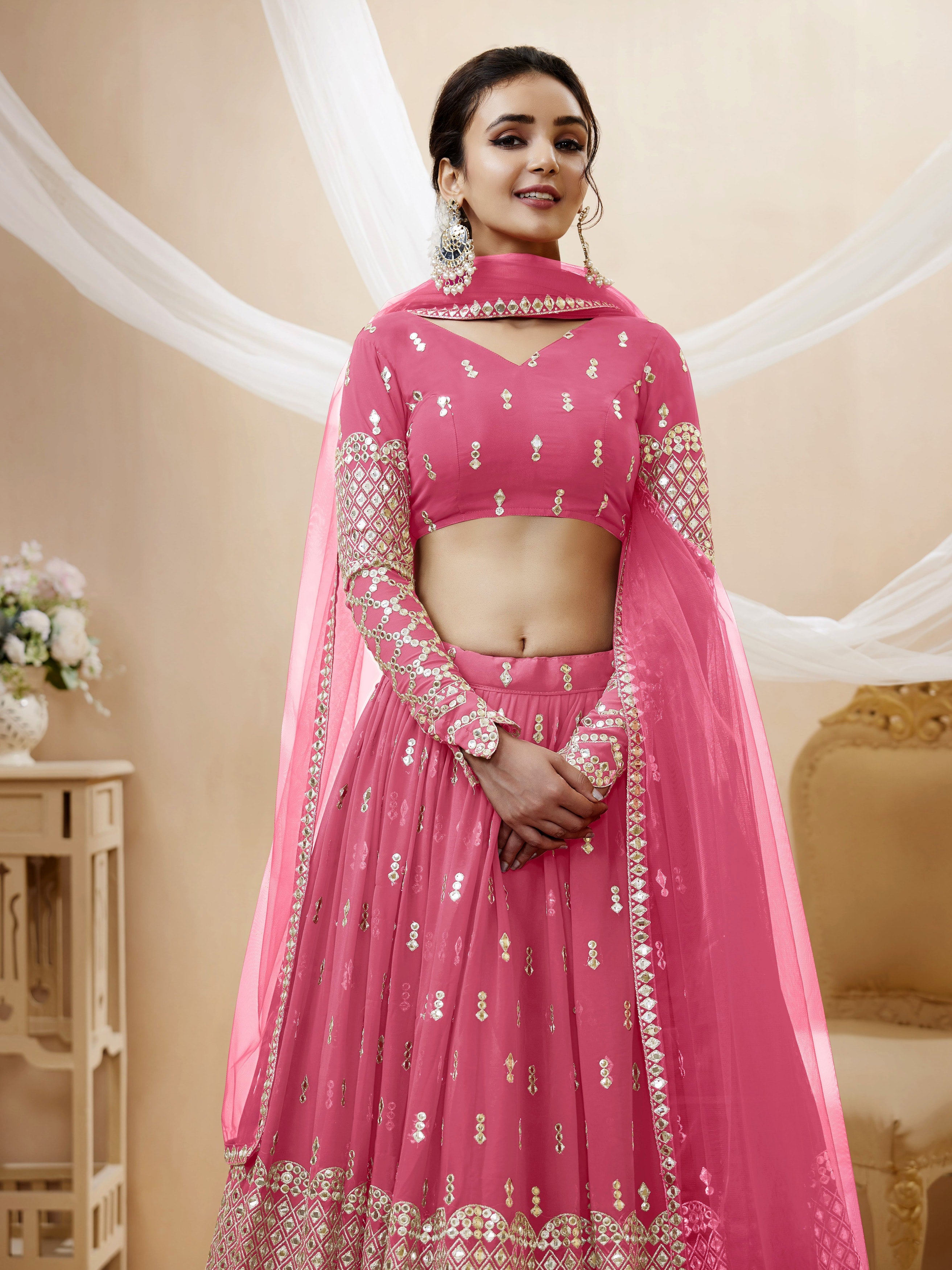 Ready To Wear | Women's Pink Georgette Sequins Zari Embroidered Lehenga Choli & Dupatta