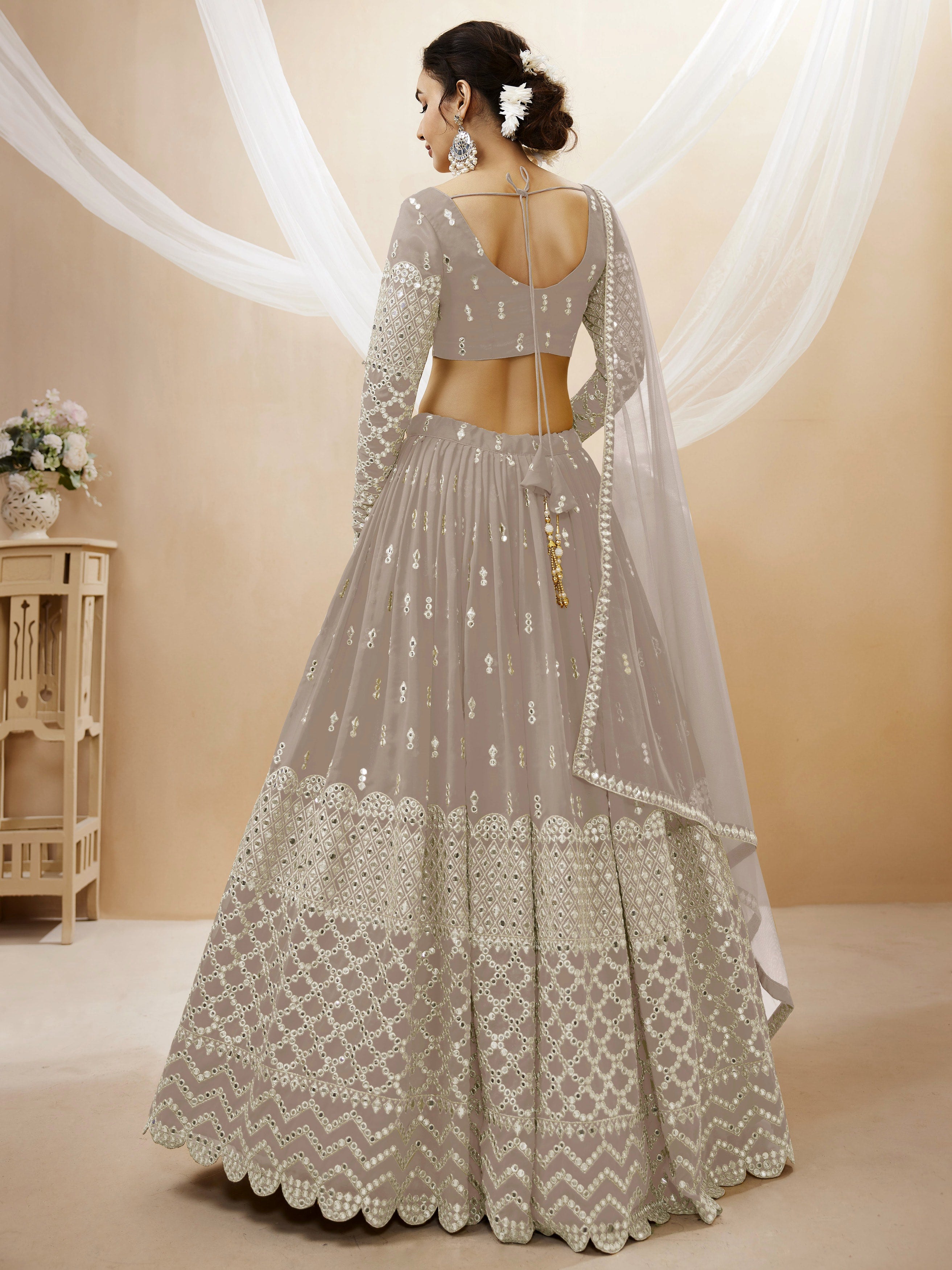 Ready To Wear | Women's Grey Georgette Sequins Zari Embroidered Lehenga Choli & Dupatta