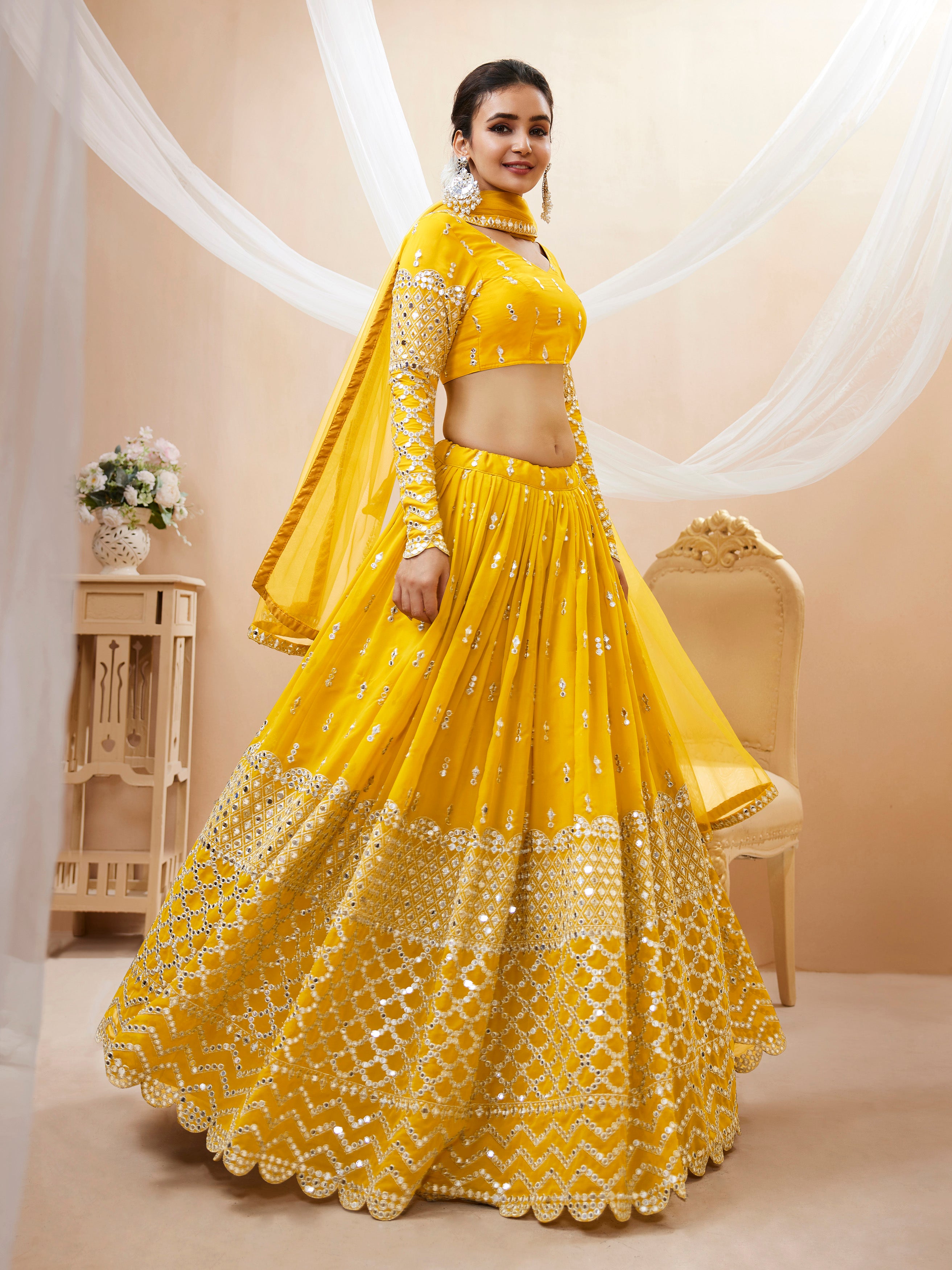 Ready To Wear | Women's Yellow Georgette Sequins Zari Embroidered Lehenga Choli & Dupatta