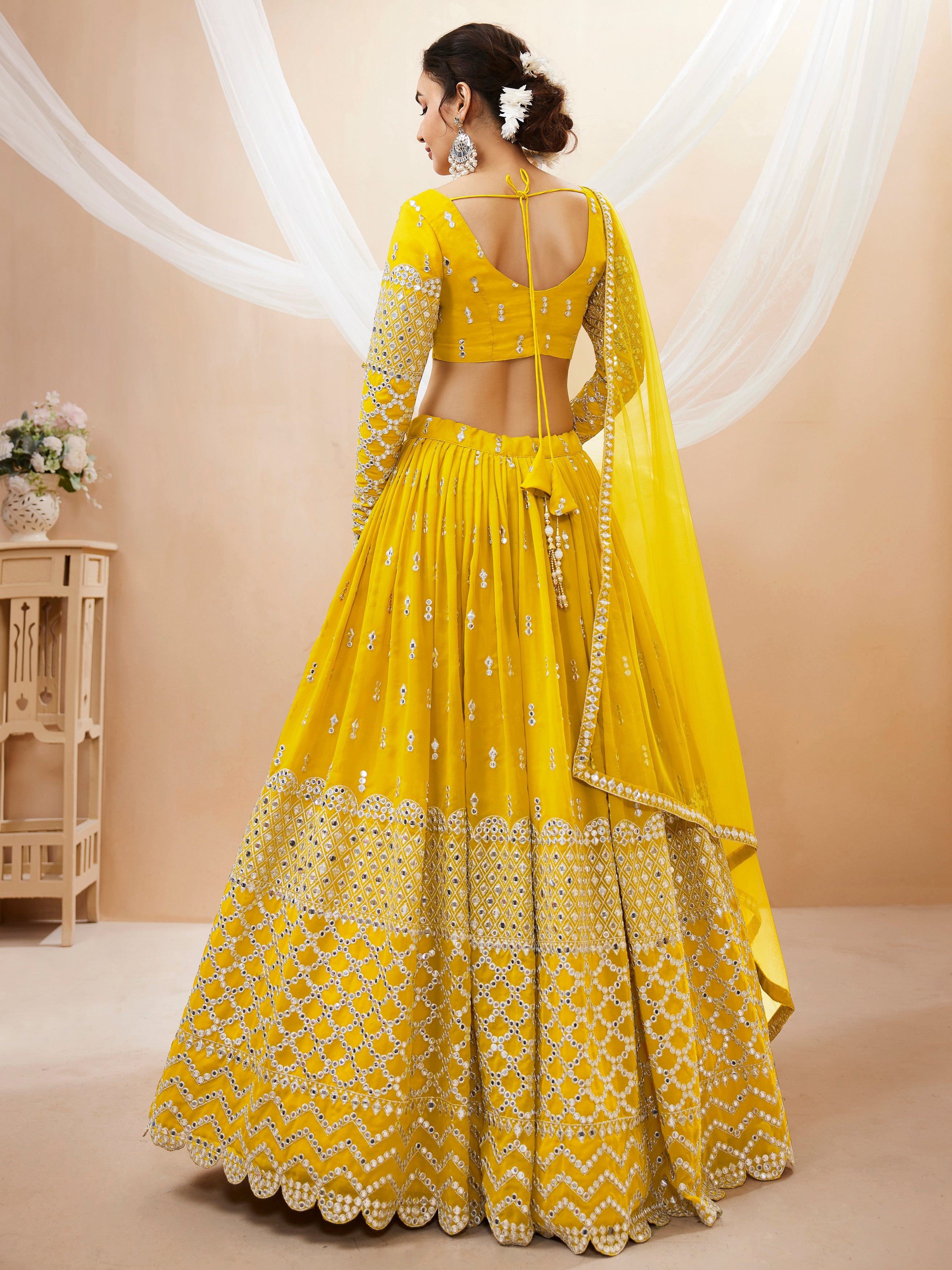 Ready To Wear | Women's Yellow Georgette Sequins Zari Embroidered Lehenga Choli & Dupatta